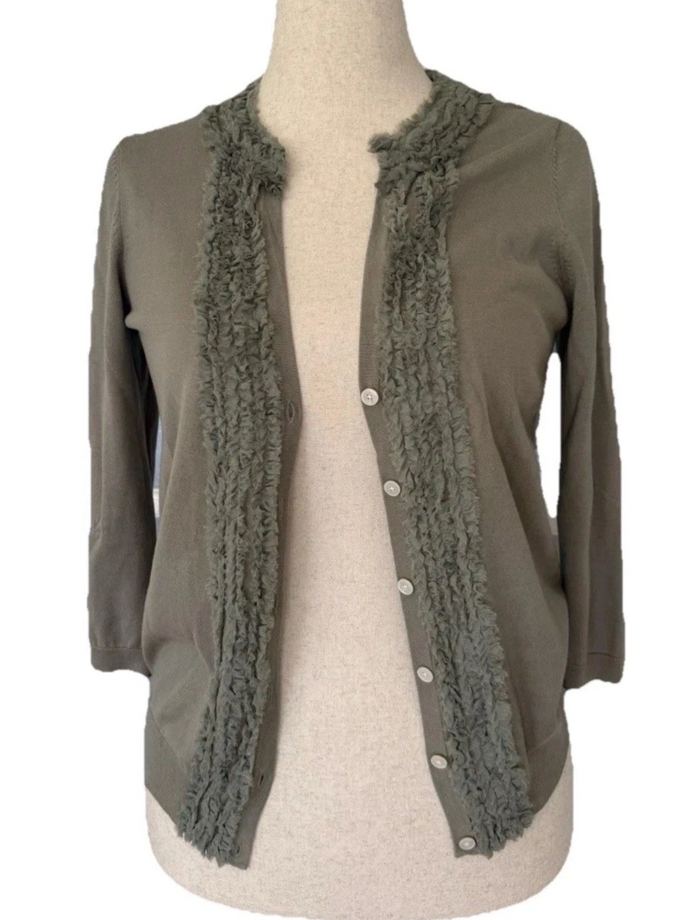 Talbots Sage Green Ruffle Trim Cardigan Sweater Size Small